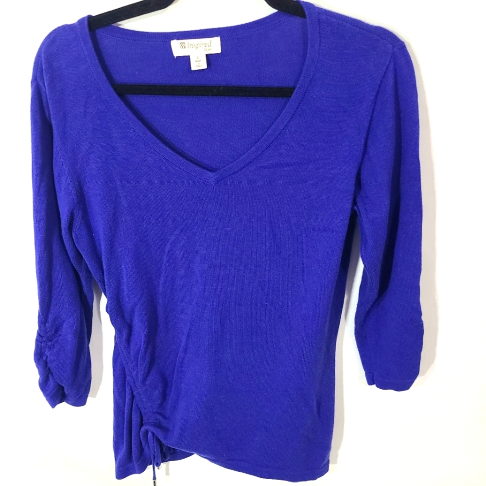 Inspired Style Women's Size Small‎ Blue Sweater Ruched Tie Cardigan Top